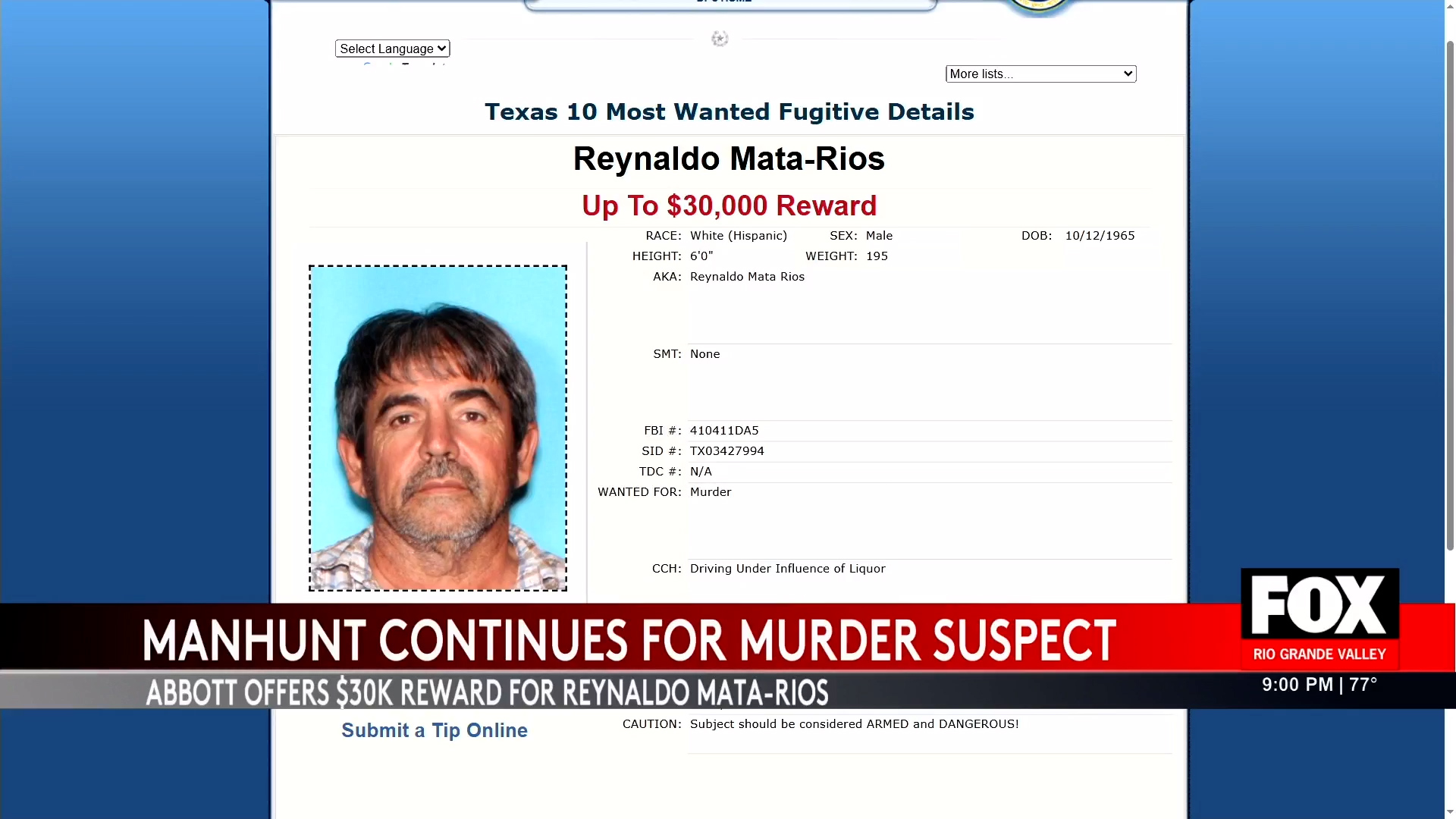 Texas Most Wanted: $30,000 Reward Announced for Reynaldo Matas-Rios