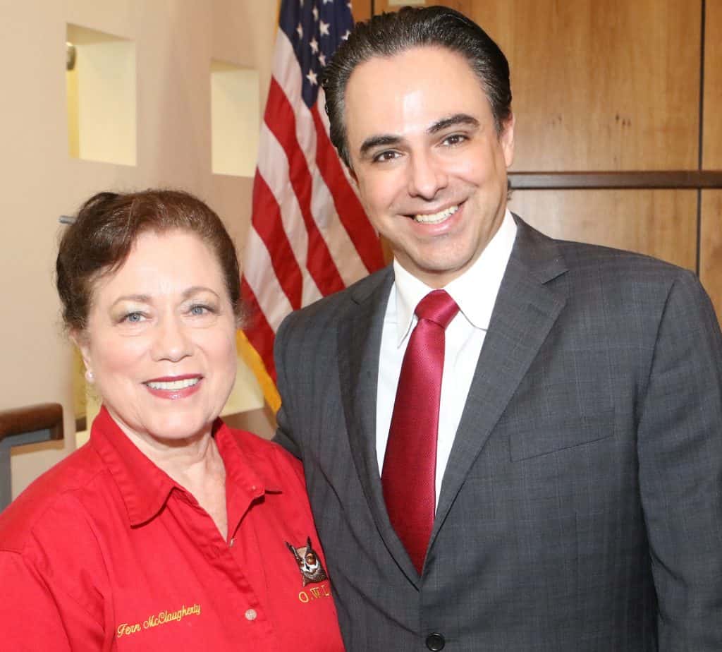 Featured: Fern McClaugherty, a leader with O.W.L.S. (Objective Watchers of the Legal System), with Rep. Terry Canales, D-Edinburg, in the Edinburg City Council Chamber at Edinburg City Hall on Thursday, February 14, 2019, during a reception hosted by the City of Edinburg to honor Canales for his appointment as Chair, House Committee on Transportation. Photograph by MARK MONTEMAYOR