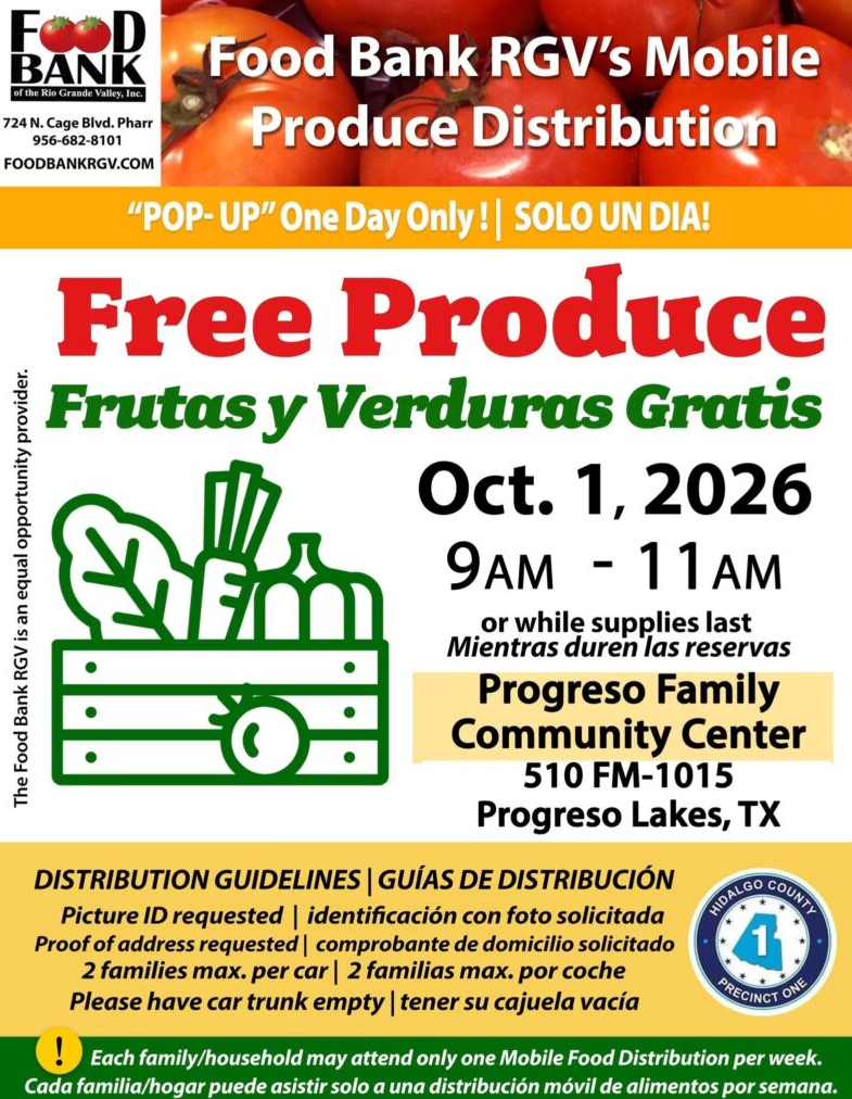 Food Bank RGV to Hold Free Produce Distribution in Progreso Lakes